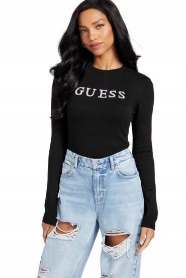 GUESS SWETER DAMSKI CZARNY Z DŁUGIM RĘKAWEM LOGO XS 1GNA