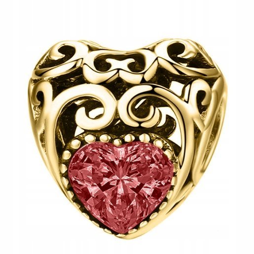 Złoty Charms Bordowy Kamień w Sercu Czerwone Serce Serduszko SREBRO 925