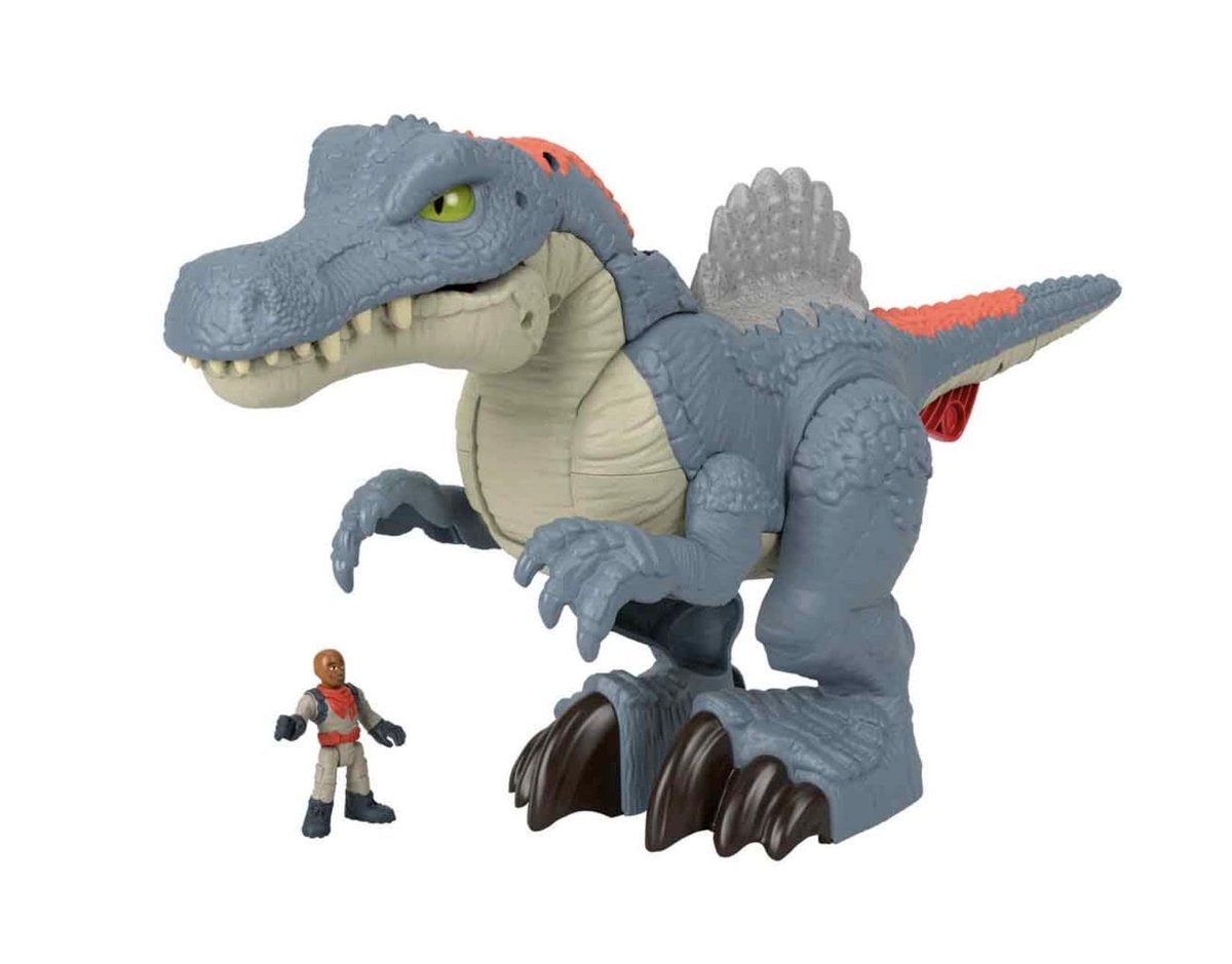 Imaginext Jurassic World Spinozaur Dinozaur ze światełkami, dźwiękami i ruchami paszczy + figurka, zabawka dla przedszkolaków, HML41
