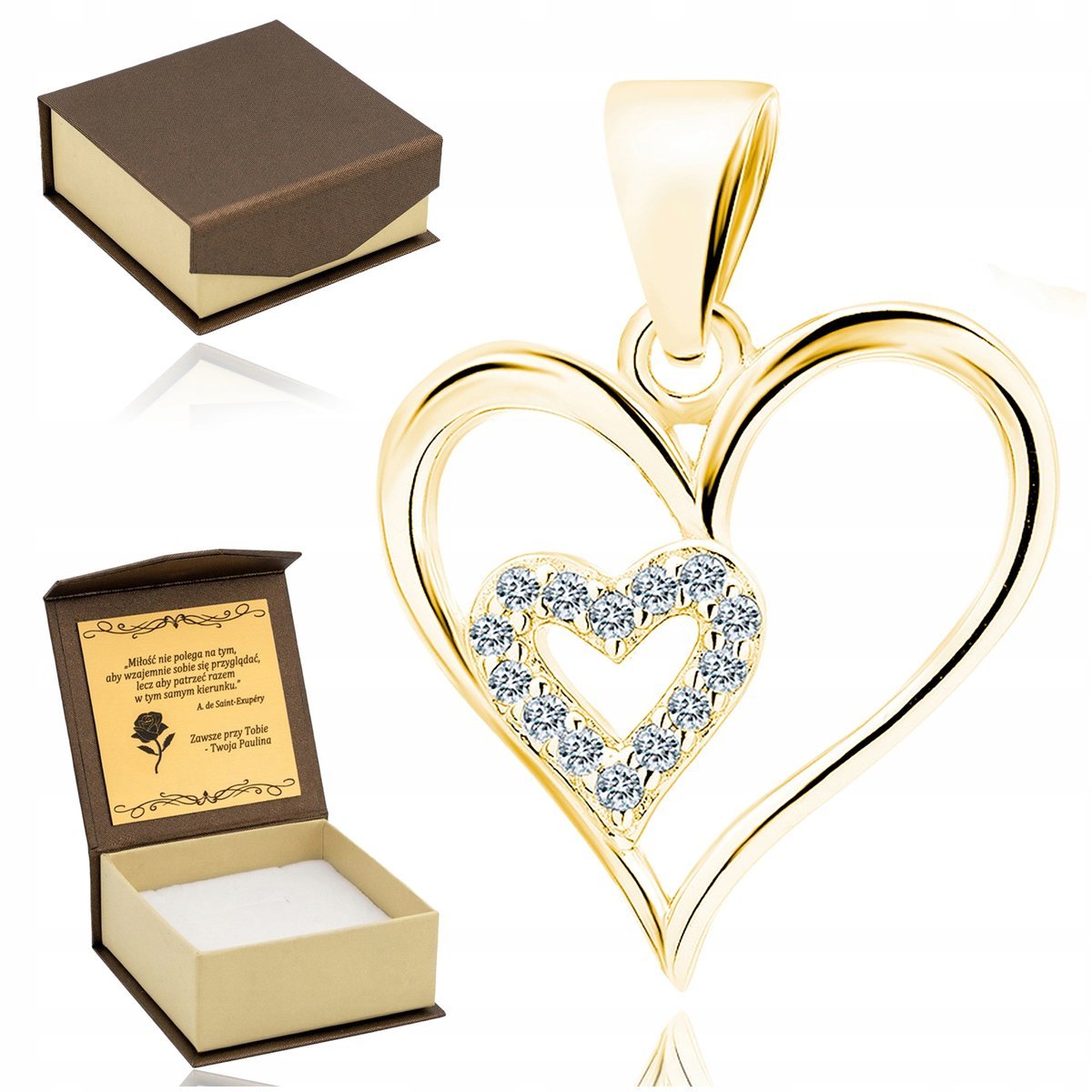 Złota Zawieszka Serce Z Cyrkoniami Srebro 925 + Pudełko Na Biżuterię Grawer
