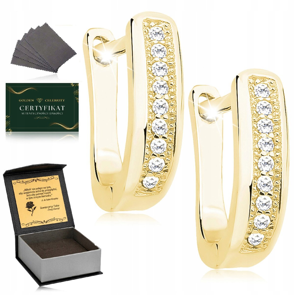 Złote Kolczyki Angielskie Z Cyrkoniami 1,2 Cm Srebro 925 Pozłacane + Grawer