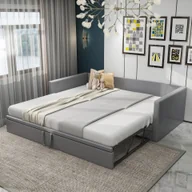 Sofy i kanapy - Łóżko rozkładane Merax 90x200cm/180x200cm, rozkładana sofa z listwowym stelażem i podłokietnikami, łóżko tapicerowane aksamitem łóżko dziecięce sofa rozkładana - miniaturka - grafika 1