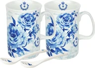 Łyżeczki - 2 filiżanki + łyżeczka niebieskie róże dekor filiżanki kubek do herbaty prezent porcelana - miniaturka - grafika 1