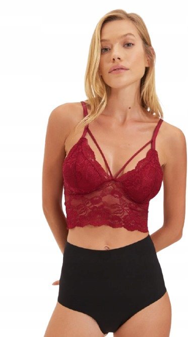 TRENDYOL BORDOWY KORONKOWY BIUSTONOSZ BRALETKA Z OZDOBNYMI PASKAMI 36 5_A
