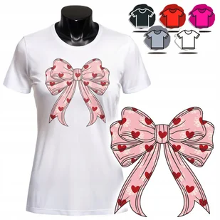 KOSZULKA DAMSKA Z NADRUKIEM T-SHIRT - WZÓR KOKARDKA SERCE PREZENT RÓŻ - XS - Koszulki i topy damskie - miniaturka - grafika 1