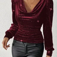 Koszule damskie - TEMU Elegancka bluzka damska z długim rękawem i dekoltem w serek - głęboko fioletowa, brokatowa koszulka na imprezę, formalne i codzienne, szykowne - miniaturka - grafika 1