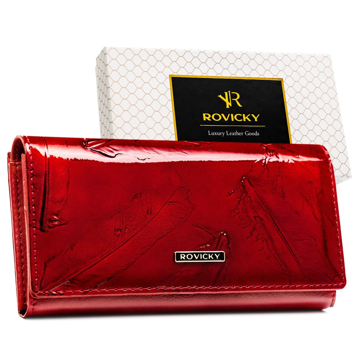 Duży portfel damski na zatrzask i bigiel czerwony ROVICKY skórzany elegancki na karty ochrona RFID
