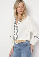 Koszule damskie - Beżowa Koszula z Wiskozą z Dekoltem w Serek i Kwiatowym Haftem Gonnavia - miniaturka - grafika 1