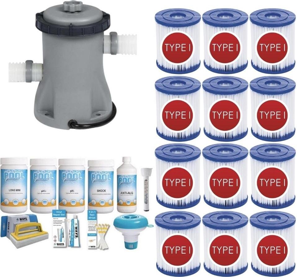 WAYS - Pielęgnacja basenu - Pakiet Medium Deluxe i pompa filtrująca 1249 l/h oraz 12 filtrów typu I
