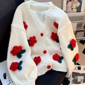 Inne - Kardigan z prążkowanym dekoltem w kwiaty, swobodny kardigan z długim rękawem zapinany na guziki na jesień, odzież damska - miniaturka - grafika 1