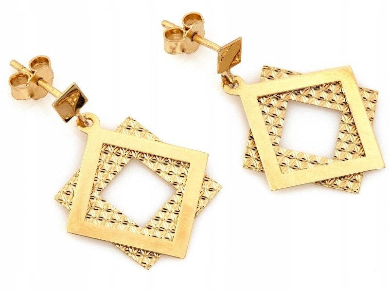 Kolczyki złote 585 wiszące z dwóch kwadratów z ażurem na sztyfcie prezent