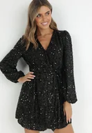 Sukienki - Czarna Sukienka Cekinowa z Kopertowym Dekoltem Cidoly - miniaturka - grafika 1