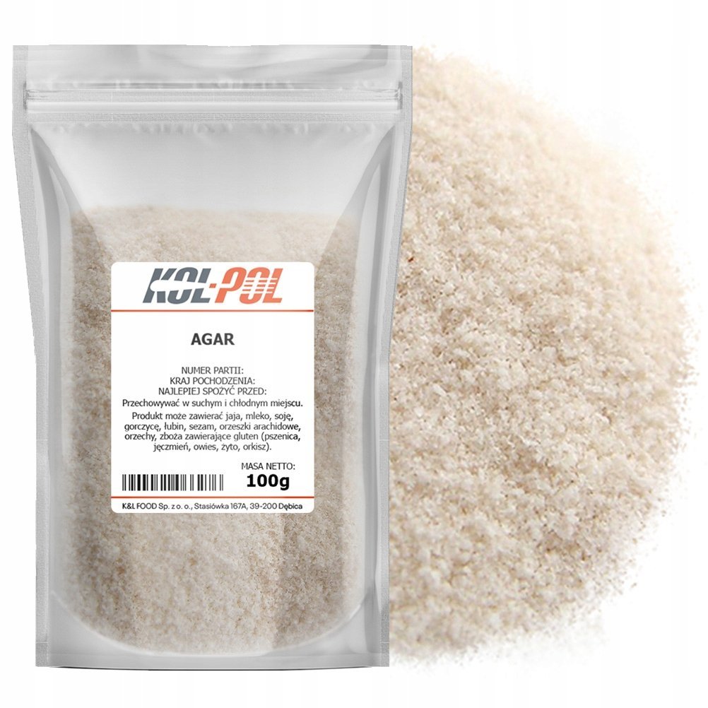AGAR 100g Naturalna żelatyna zagęstnik z alg roślinny wysoka jakość Kol-Pol