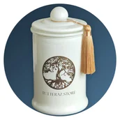 Świece - ŚWIECA SOJOWA Z KULKĄ I CHWOSTEM BIAŁA 480g KWIAT ŚLIWY I DREWNO ZŁOTE LOGO - miniaturka - grafika 1