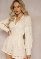 Koszule damskie - Beżowa Bawełniana Koszula w Stylu Retro ze Stójką Ozdobiona Ażurowymi Wstawkami Hesllema - miniaturka - grafika 1