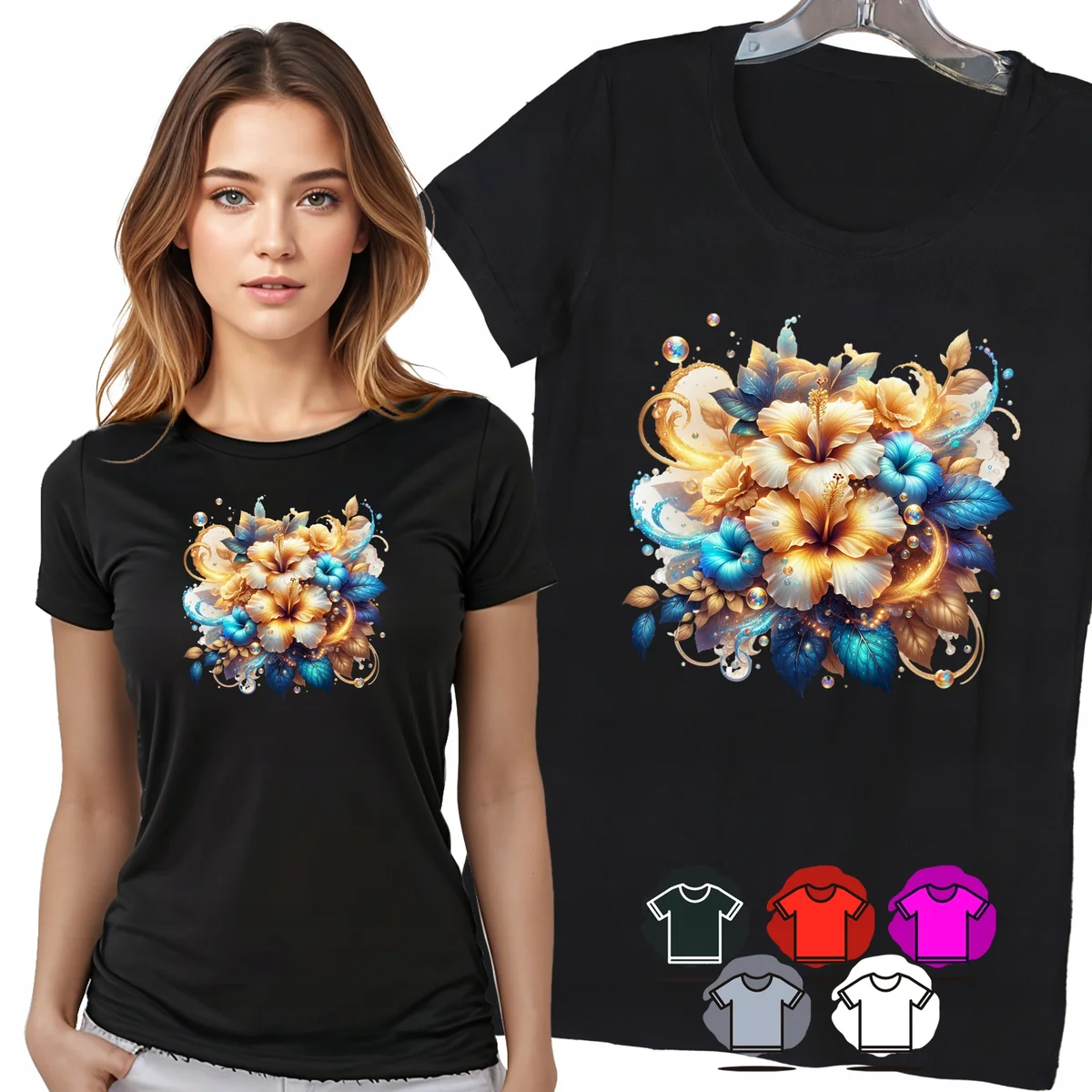 KOSZULKA DAMSKA T-SHIRT - KWIATY BEŻ NIEBIESKI AKWARELA DAMSKI WZÓR - XXL