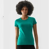 Koszulki i topy damskie - T-shirt elastyczny slim gładki damski 4F 4FWSS24TTSHF1161-41S Zielony - miniaturka - grafika 1