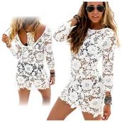 Bluzki damskie - Sukienka Boho Tunika Narzutka Koronkowa Biała Taliowana Kobieca Na Plażę Xl - miniaturka - grafika 1