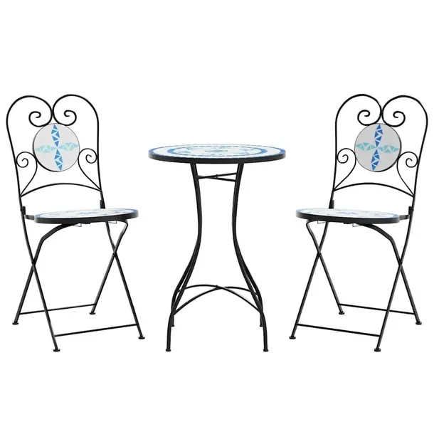 Mozaikowy zestaw mebli bistro niebiesko-biały, stół 50x70 cm, krzesła 3