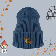 Czapki damskie - Haftowana czapka beanie - JAMNIK - niebieska - miniaturka - grafika 1
