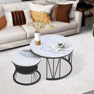 Fortuna Lai stolik kawowy 2 w 1 o wyglądzie marmuru zestaw 2 stolików bocznych z półką, Ø 70 x 45/Ø 45 x 40 cm, metalowa rama, czarny - Ławy i stoliki kawowe - miniaturka - grafika 1