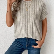 Bluzki damskie - TEMU Damska letnia koszulka z okrągłym dekoltem i paskiem na ramię - lekka, z wąską siatką, krótkim rękawem i okrągłym dekoltem, jednokolorowa, na co - miniaturka - grafika 1