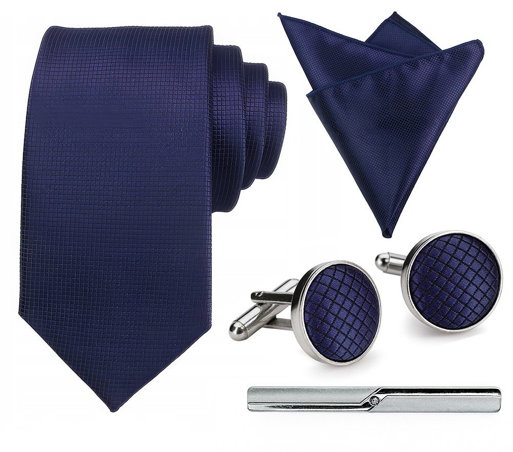 Zestaw męski w pudełku - krawat + poszetka + spinki do mankietów + spinka do krawata GRANATOWY