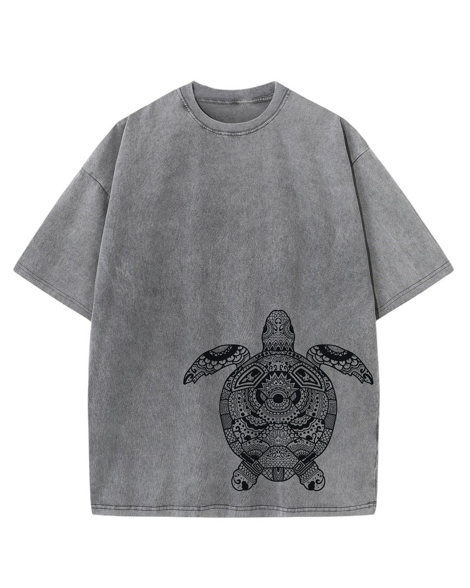 Męska koszulka oversize efekt sprania Zwierzęta Żółw Wzorzysty Grafitowa XXL