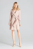 Sukienki - Elegancka SUKIENKA wiązana na boku | z kołnierzykiem | Beżowa L - miniaturka - grafika 1