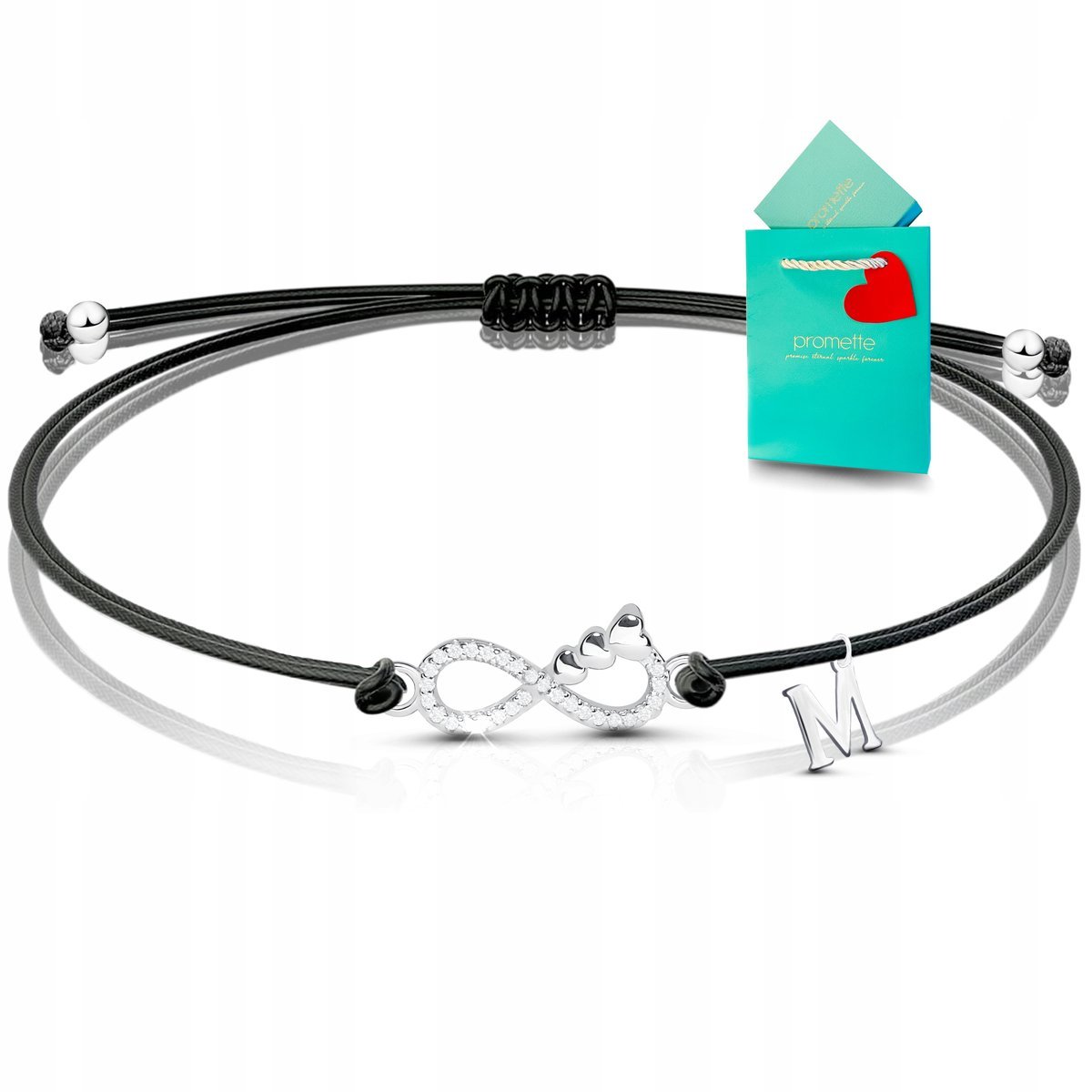 Bransoletka nieskończoność srebrna na sznurku znak sznurkowa litera 925