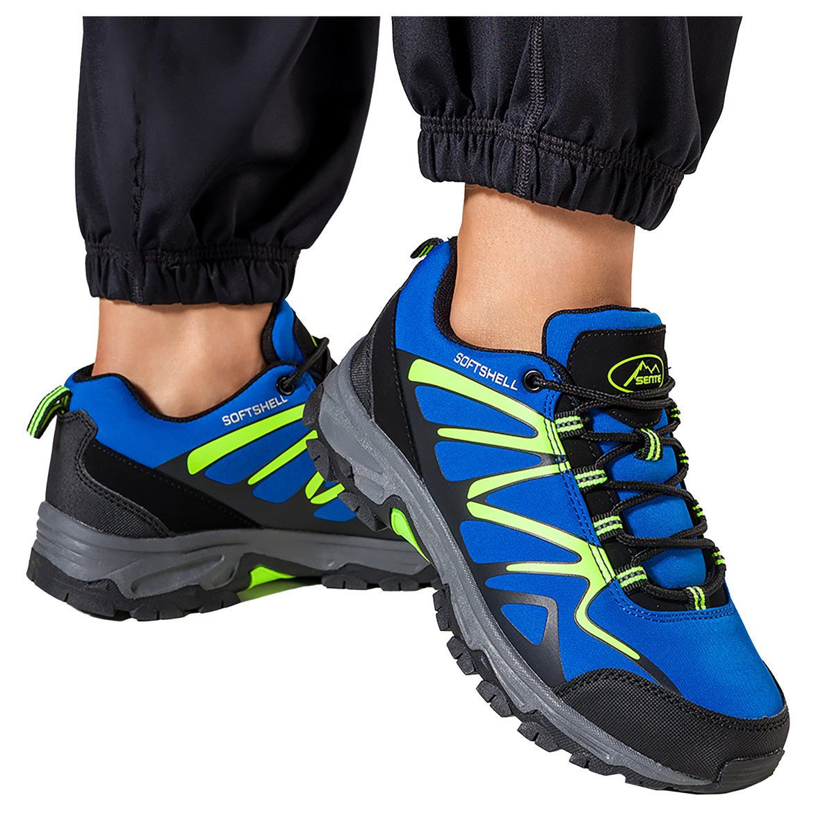 Niebieskie buty trekkingowe damskie z seledynowymi dodatkami sznurowane softshell Casu B2111-3-39