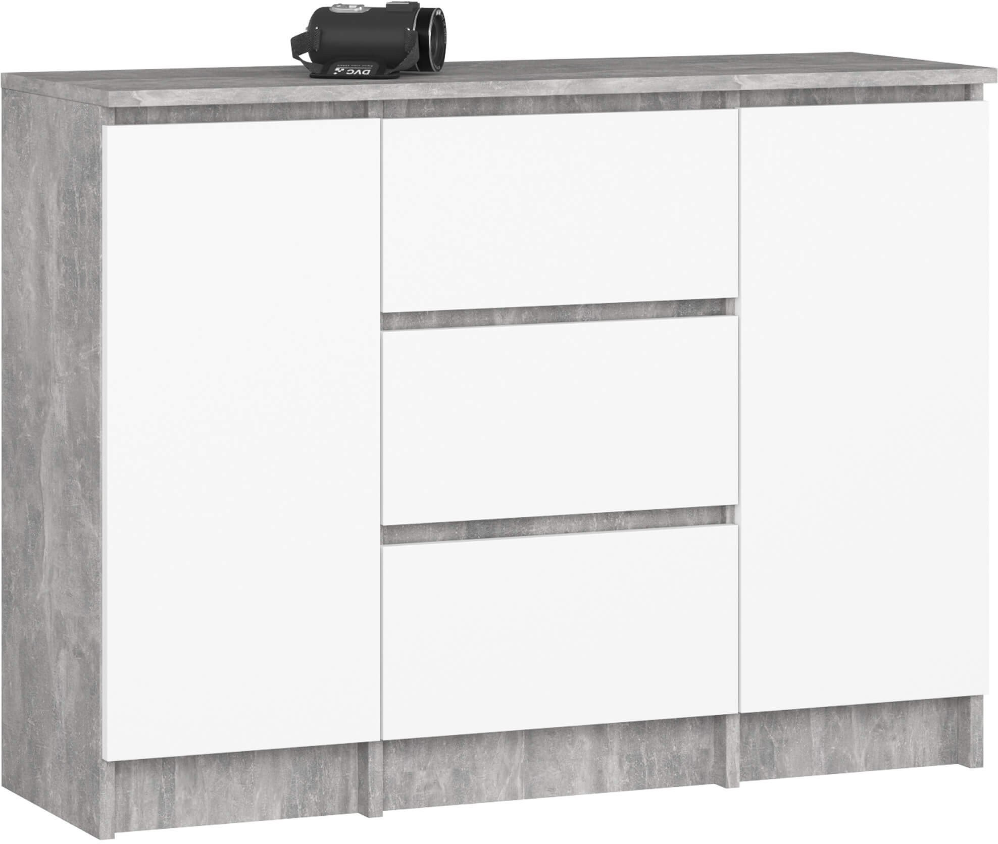 Komoda do salonu 101 cm 2 drzwi 3 szuflady 4 półki pojemna - beton biała