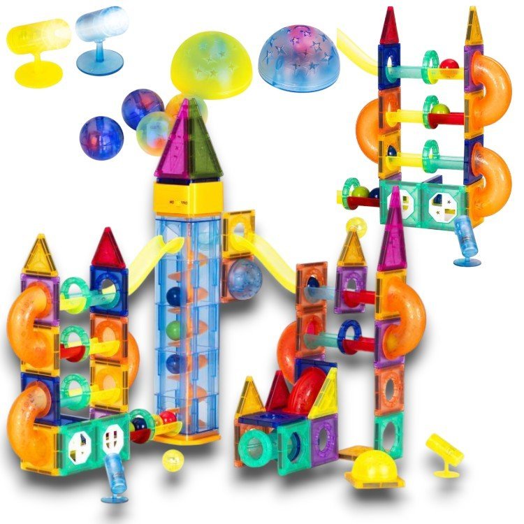 Klocki magnetyczne świecące konstrukcyjne dla dziecka tor kulkowy kulodrom 134 elementy zestaw klocków Klocki edukacyjne na magnes do układania zaba..