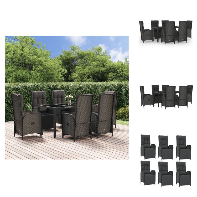 vidaXL 7-częściowy ogrodowy zestaw jadalniany z poduszkami z czarno-szarego polirattanu - Zestawy mebli ogrodowych