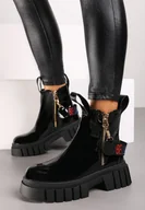 Botki damskie - Czarne Botki Lakierowane Workery z Odpinaną Taśmą z Napisem Teribelle - miniaturka - grafika 1