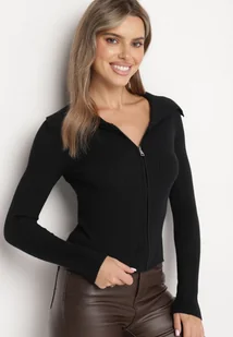 Czarny Dopasowany Kardigan w Prążki Zapinany na Suwak z Szerokim Kołnierzem Zinleina - Swetry damskie - miniaturka - grafika 1