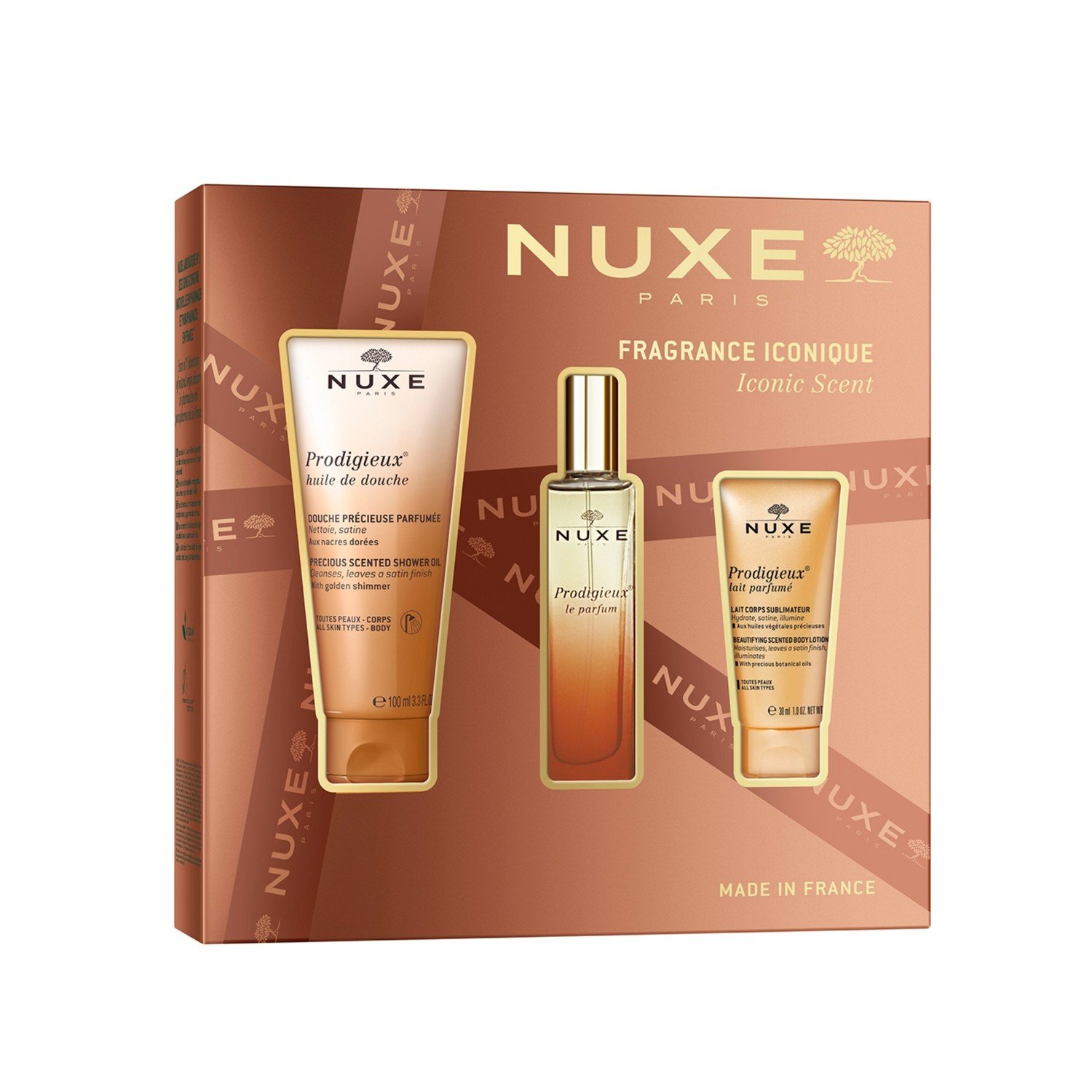 Nuxe zestaw Prodigieux: Olejek pod prysznic 100ml + Perfumy 30ml + Mleczko do ciała 30ml