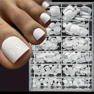 Inne - TEMU 240 szt. Białe naklejki na paznokcie - pełne pokrycie, kwadratowe, krótkie, jednokolorowe, błyszczące wykończenie - trwałe fałszywe paznokcie do - miniaturka - grafika 1