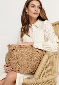 Torebki damskie - Ciemnobeżowa Torebka Pleciona w Stylu Boho o Półokrągłym Fasonie na Suwak Qubi - miniaturka - grafika 1