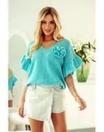 Swetry damskie - KRÓTKI SWETER LEXI Z KWIATKIEM POLSKI PRODUCENT J&K PREMIUM -  TURKUS - miniaturka - grafika 1