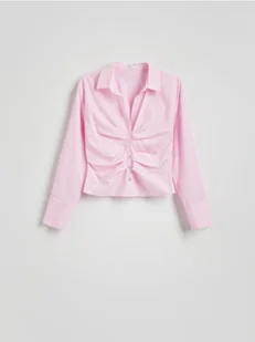 Reserved - Bawełniana koszula z drapowaniem - różowy - Koszule damskie - miniaturka - grafika 1