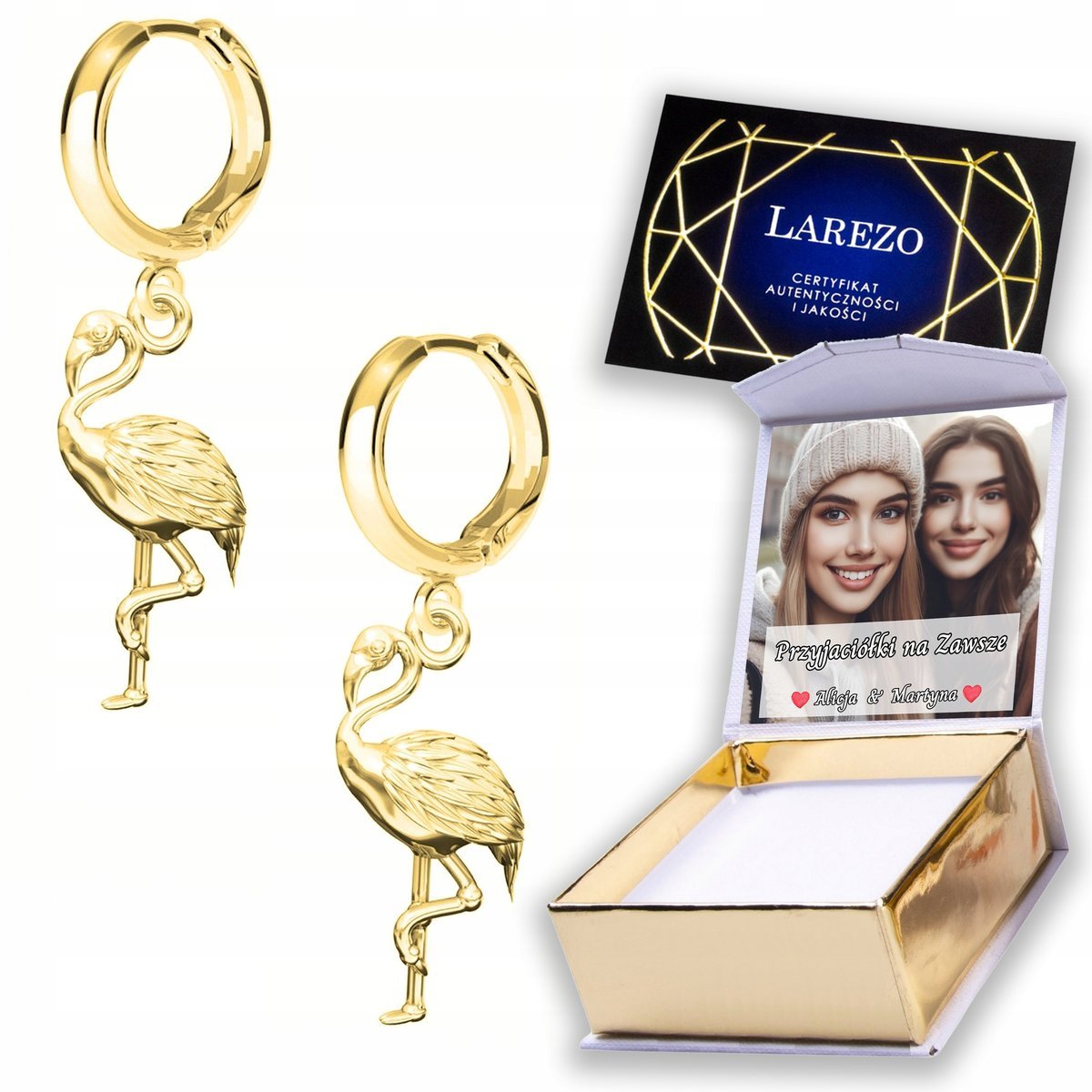 Złote Kolczyki 925 Flamingi na Biglach Bigle z Flamingiem Łabędź NADRUK