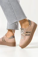 Sneakersy damskie - Beżowe sneakersy skórzane na platformie damskie buty sportowe wstawki z wzorem panterki sznurowane PRODUKT POLSKI Casu N1068S2-39 - miniaturka - grafika 1
