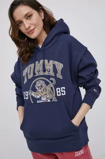 Bluzy damskie - Tommy Jeans bluza damska kolor granatowy z kapturem z nadrukiem - grafika 1