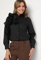 Koszule damskie - Czarna Koszula z Wiskozą z Ozdobną Aplikacją przy Dekolcie Ridivienne - miniaturka - grafika 1