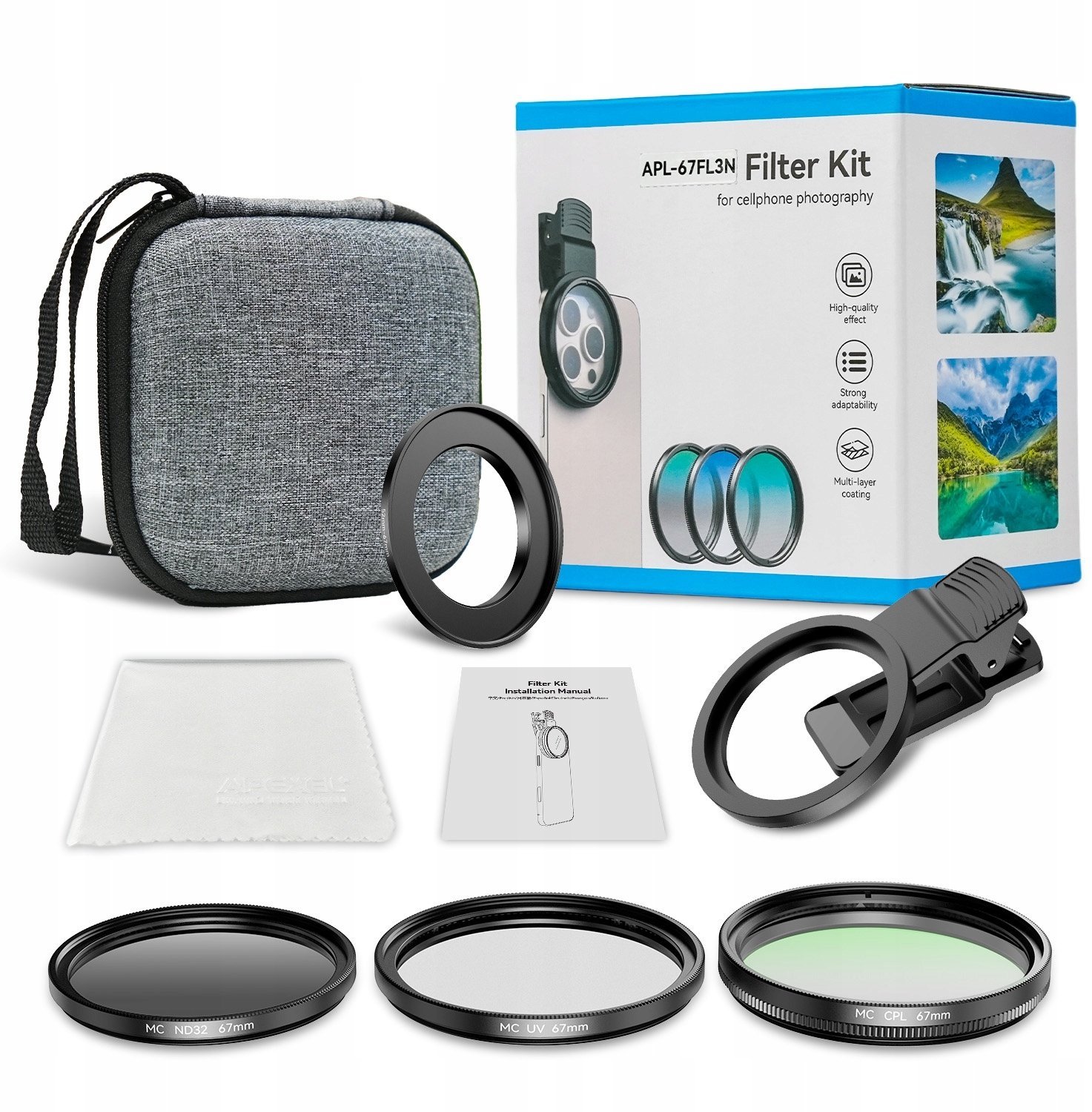 Filtr Apexel Zestaw filtrów 3w1 filtr Cpl / Uv / Nd32 do telefonu i aparatu / 67mm klips i adapter na 52mm / Apl-67fl3n SB11892