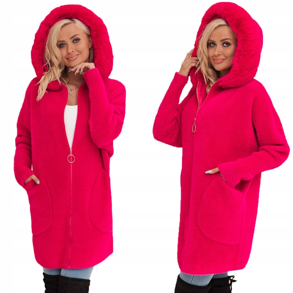 Z FUTERKIEM PŁASZCZ ALPAKA NA SUWAK WEŁNA CIEPŁY fuksja