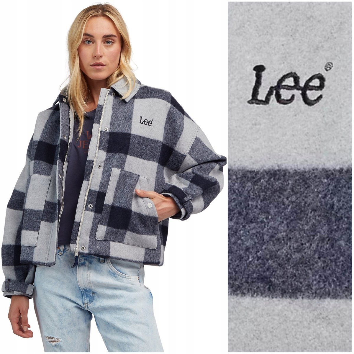 Lee WOOL JACKET luźna szara damska kurtka w kratę z dodatkiem wełny L