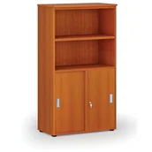 Szafy biurowe - Szafa biurowa kombinowana PRIMO WOOD, drzwi przesuwne na 2 poziomach, 1434 x 800 x 420 mm, wiśnia - miniaturka - grafika 1