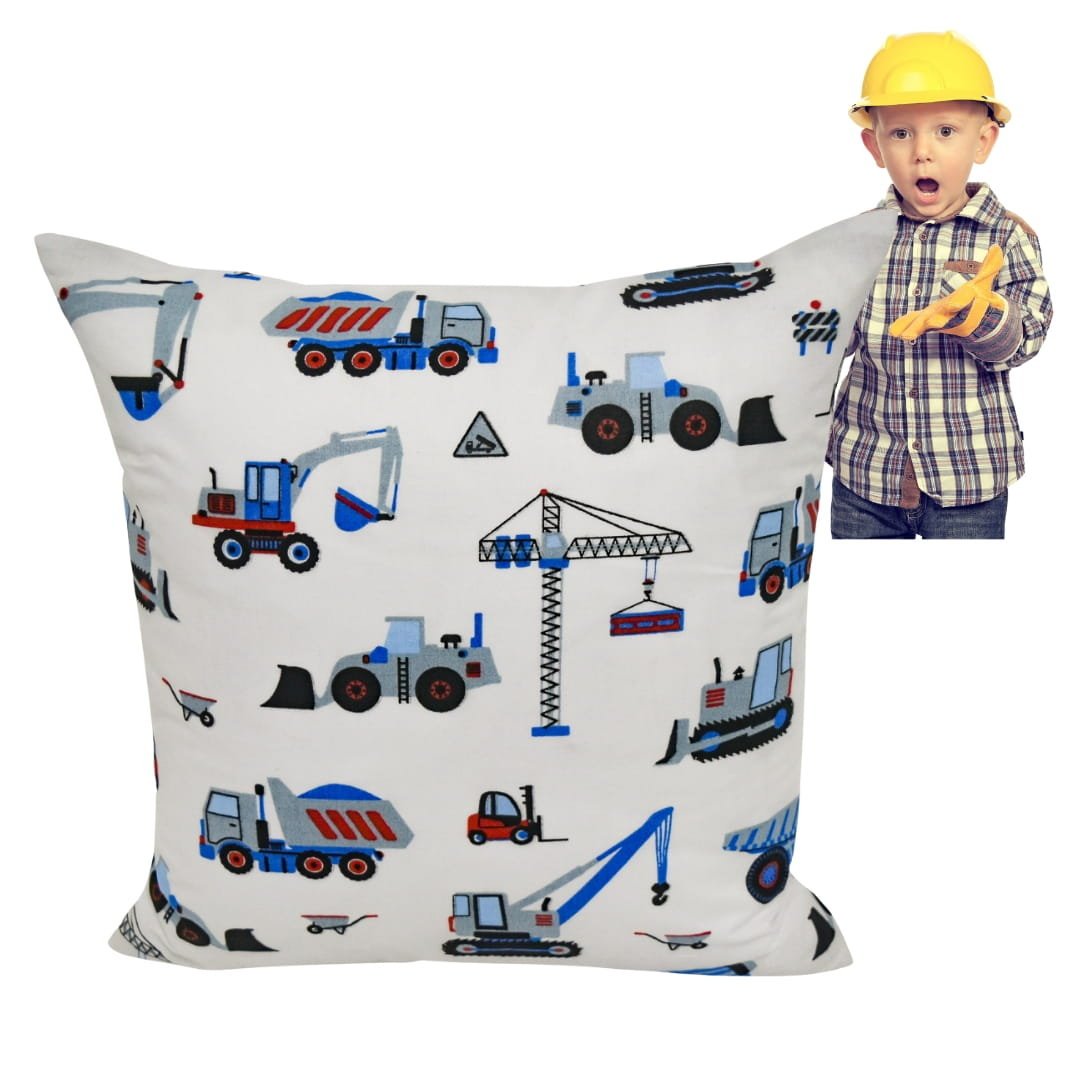 Poszewka Dziecięca 40x40 Bawełniana JAŚ Koparki Niebieskie Na Białym